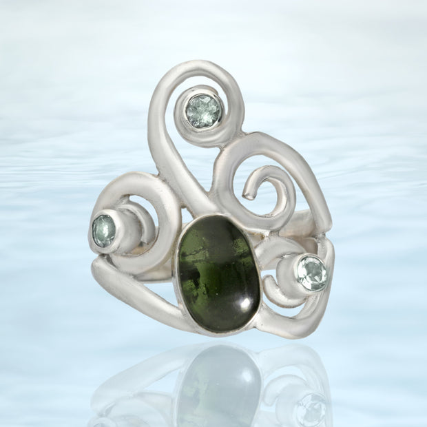 Moldavite & Aquamarine Silver Ring Size 7 ½
