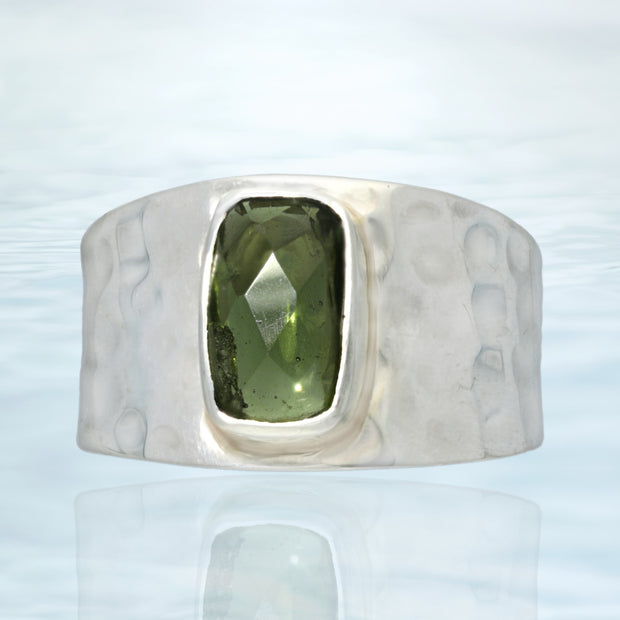 Faceted Czech Moldavite Silver Ring Size 9 ½
