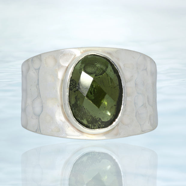 Checker Faceted Moldavite Silver Ring Size 10 ½