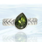 Faceted Genuine Moldavite Silver Ring Size 6
