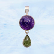 Carved Amethyst & Genuine Moldavite Pendant