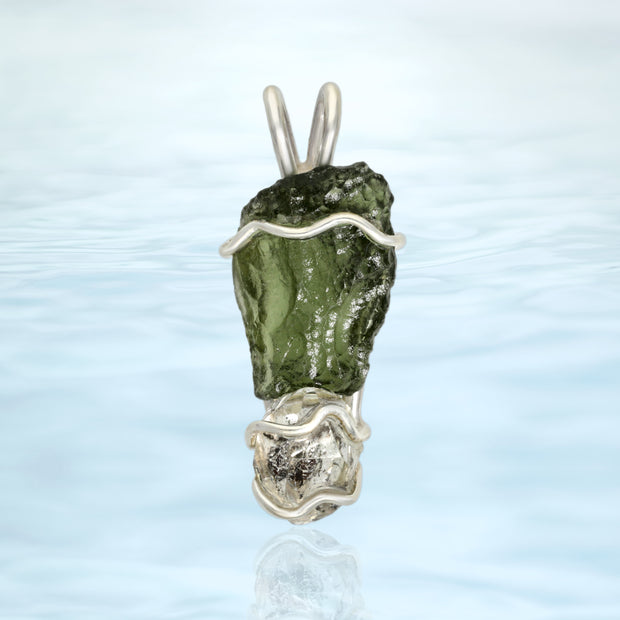 Natural Moldavite & Herkimer Diamond Pendant