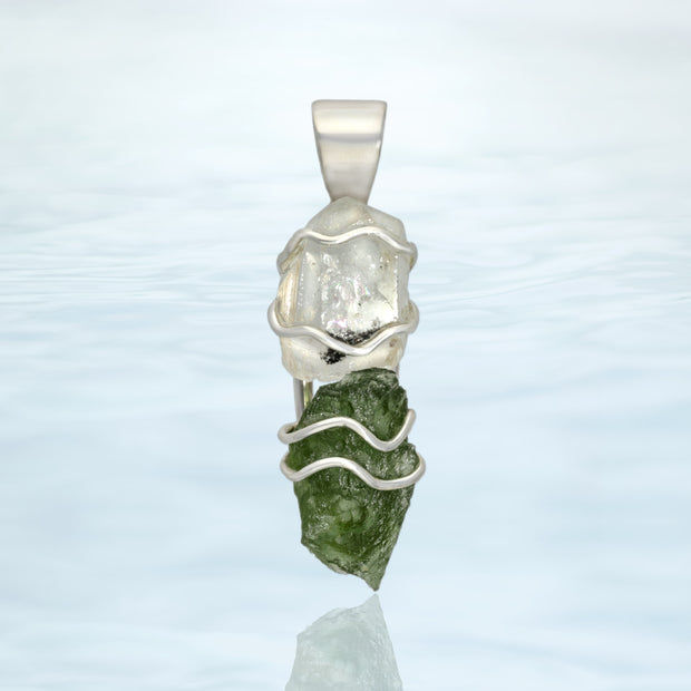 Beautiful Herkimer & Moldavite Silver Pendant