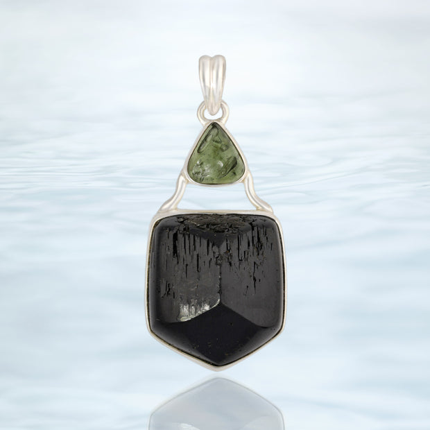 Real Moldavite & Black Tourmaline Crystal Pendant