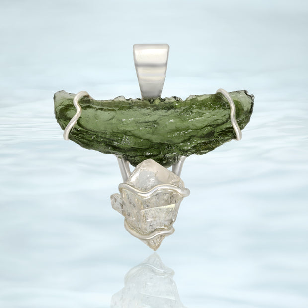 Genuine Moldavite & Herkimer Diamond Pendant