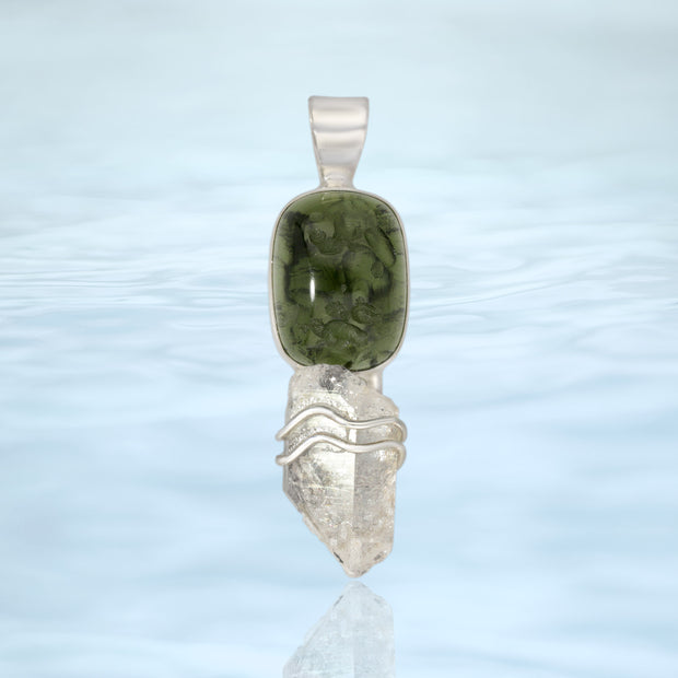 Polished Moldavite & Quartz Crystal Pendant