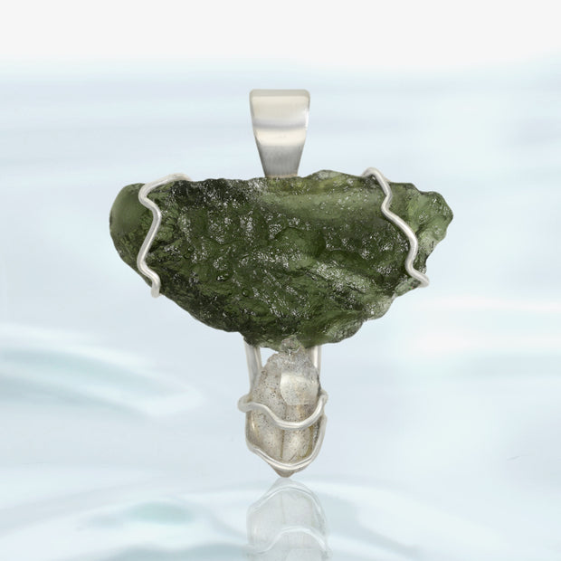 Real Moldavite & Quartz Silver Pendant